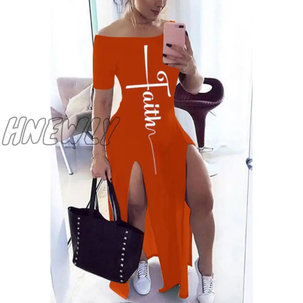 Letter Pattern Off Shoulder Split Maxi Dress Women Fall Winter Short Sleeve Sheath Casual Fashion Sexy Club Long Dresses