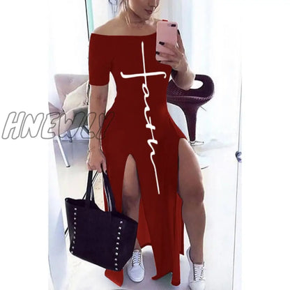 Letter Pattern Off Shoulder Split Maxi Dress Women Fall Winter Short Sleeve Sheath Casual Fashion Sexy Club Long Dresses