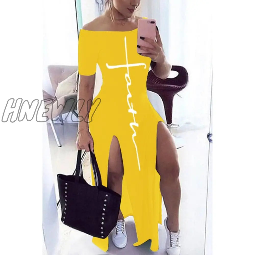 Letter Pattern Off Shoulder Split Maxi Dress Women Fall Winter Short Sleeve Sheath Casual Fashion Sexy Club Long Dresses