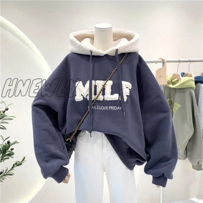 Letter Printing Embroidery Hoodies Female Winter Hooded Sweatshirts  Large Size Fashionable Women's Clothing Preppy Style