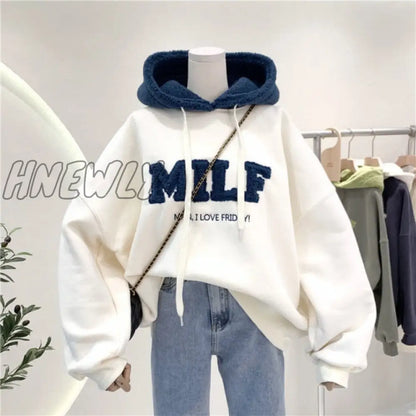 Letter Printing Embroidery Hoodies Female Winter Hooded Sweatshirts  Large Size Fashionable Women's Clothing Preppy Style