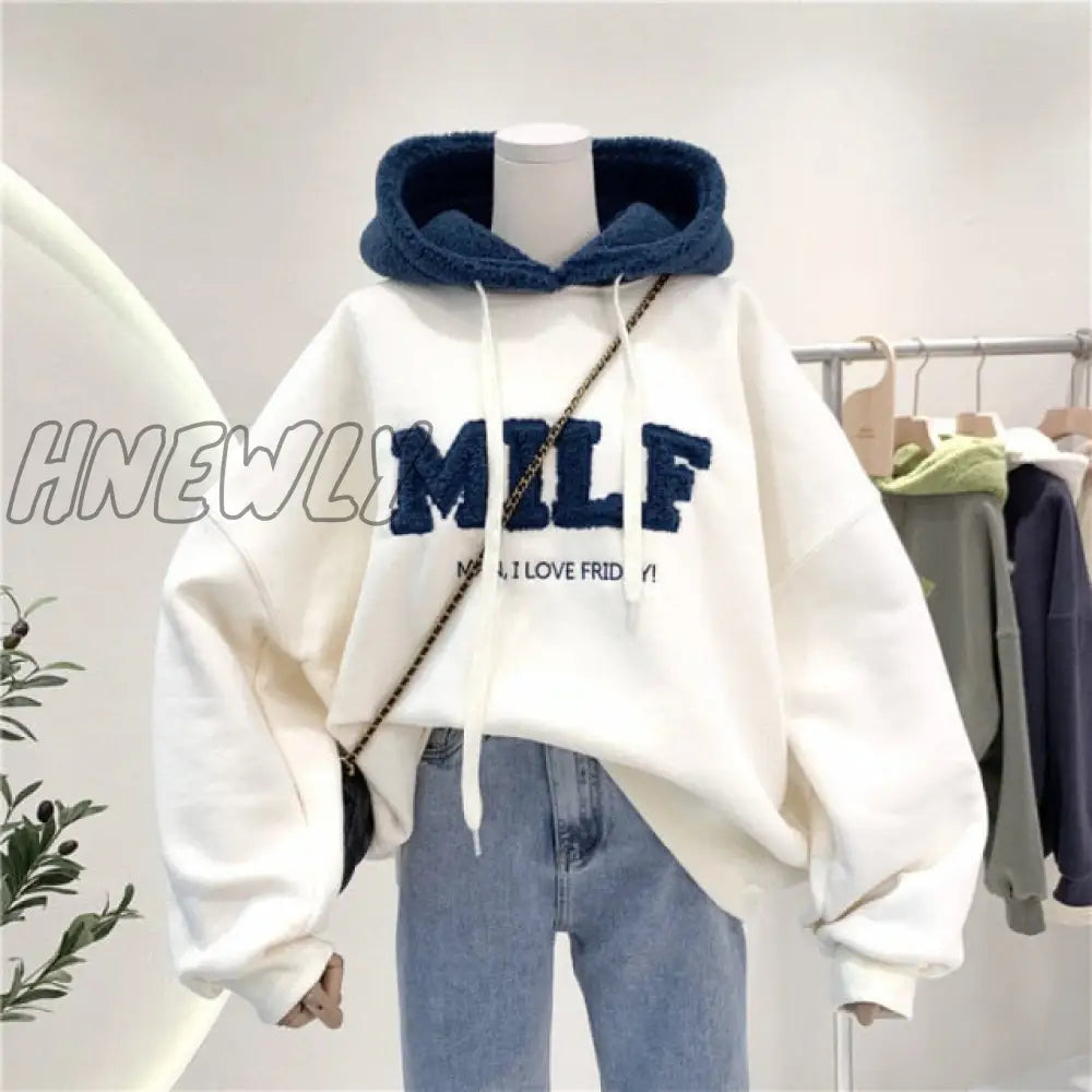 Letter Printing Embroidery Hoodies Female Winter Hooded Sweatshirts  Large Size Fashionable Women's Clothing Preppy Style