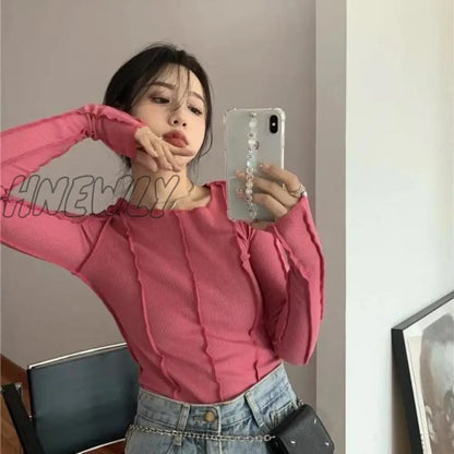 Long Sleeve T-shirts Women Spring Solid O-Neck Elegant Bright Line Decoration Slim Casual Soft High Quality Ladies Clothing Tees