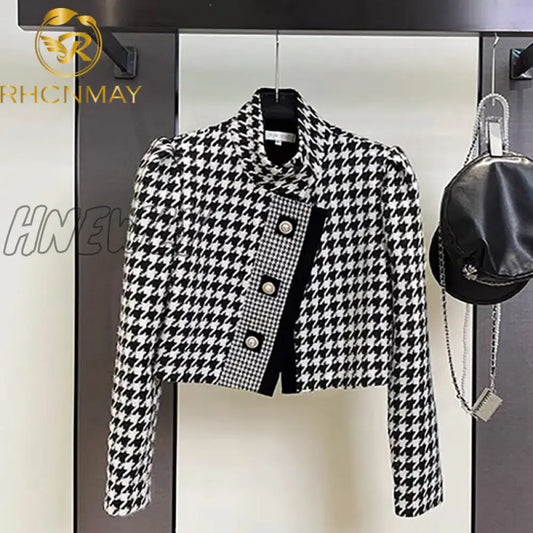 Luxury Brand Tweed Thousand Bird Lattice Coat Ladies Elegant Fall Winter New Fashion Leisure Short Woolen Jacket Female