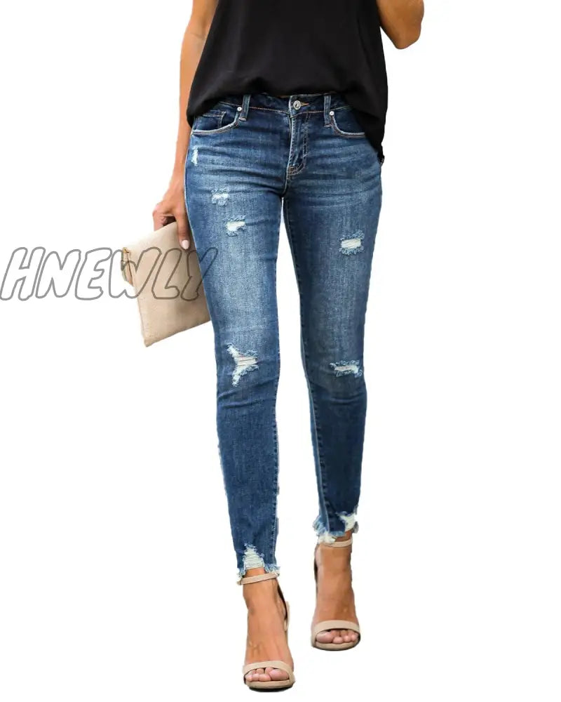 New Mid Waist Skinny Jeans Women Vintage Distressed Denim Pants Holes Destroyed Pencil Pants Casual Trousers summer Ripped Jeans