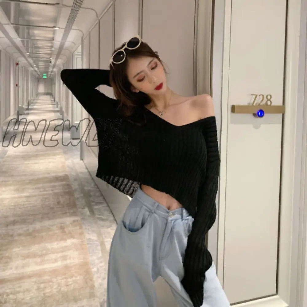 New Spring Summer Women Casual Loose V-neck Knitted Long Sleeve T-shirt Autumn Sexy Club Solid Off Shoulder Thin Crop Tops Shirt