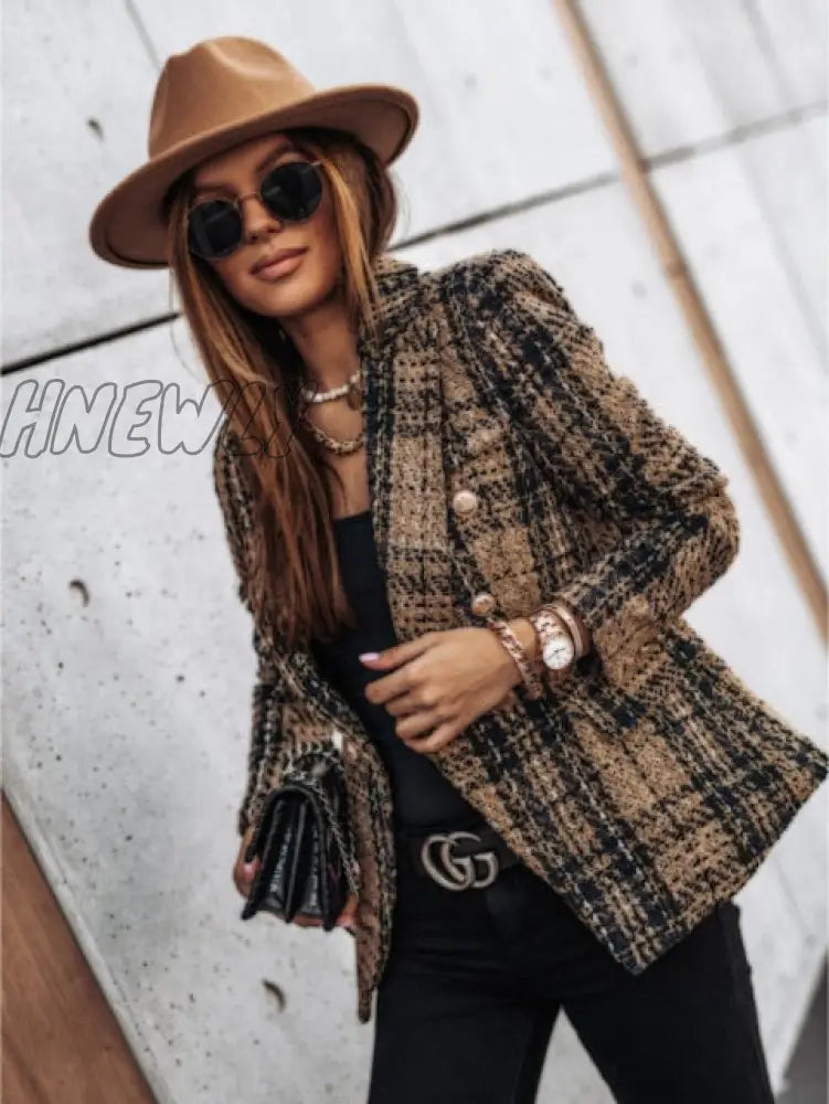 New Thin Suit Lady Long-sleeved Blazer Casual Double-breasted Check Blazer Slim Fit Office Lady Elegant Chic Jacket StreetCoat