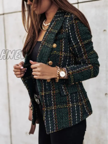 New Thin Suit Lady Long-sleeved Blazer Casual Double-breasted Check Blazer Slim Fit Office Lady Elegant Chic Jacket StreetCoat