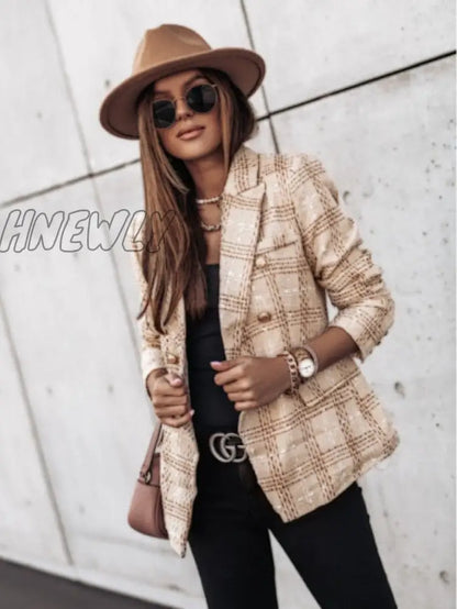 New Thin Suit Lady Long-sleeved Blazer Casual Double-breasted Check Blazer Slim Fit Office Lady Elegant Chic Jacket StreetCoat