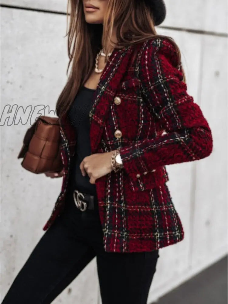 New Thin Suit Lady Long-sleeved Blazer Casual Double-breasted Check Blazer Slim Fit Office Lady Elegant Chic Jacket StreetCoat