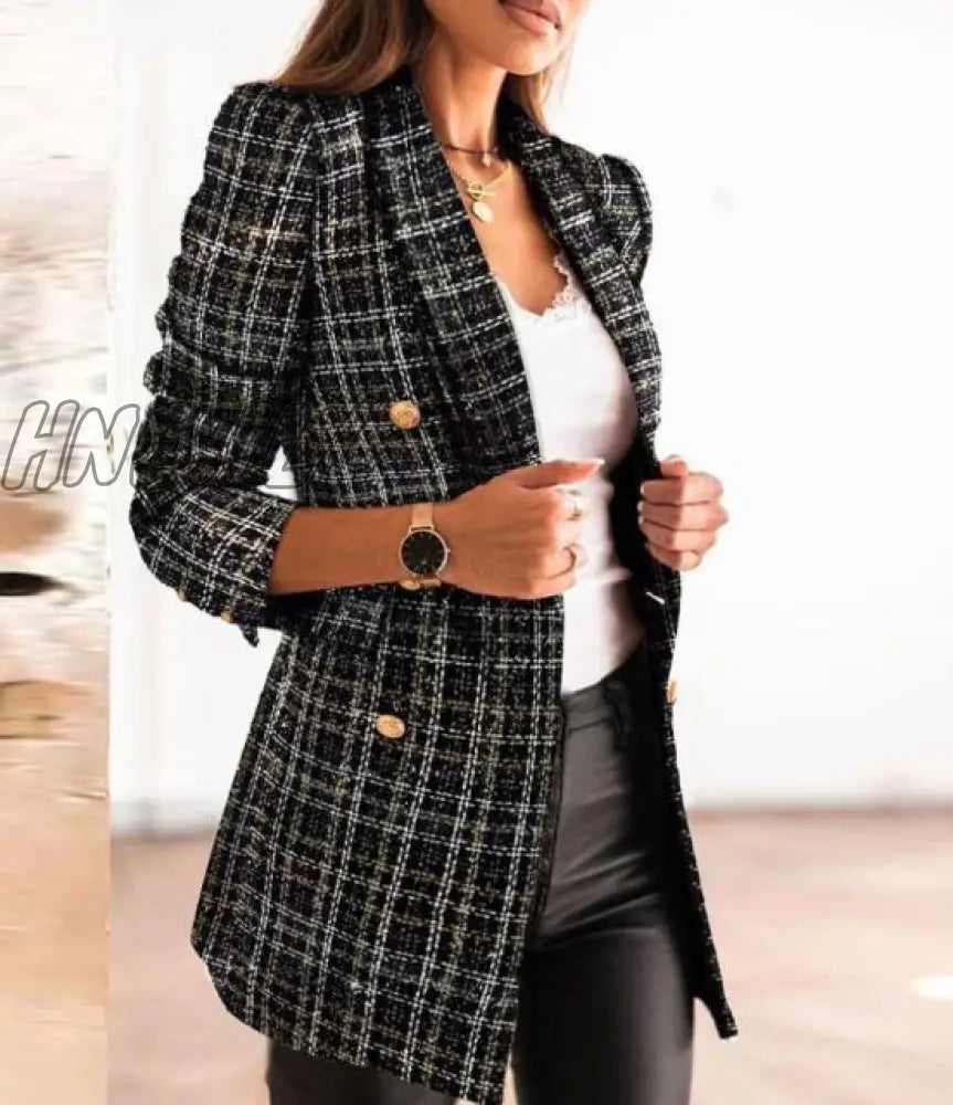 New Thin Suit Lady Long-sleeved Blazer Casual Double-breasted Check Blazer Slim Fit Office Lady Elegant Chic Jacket StreetCoat