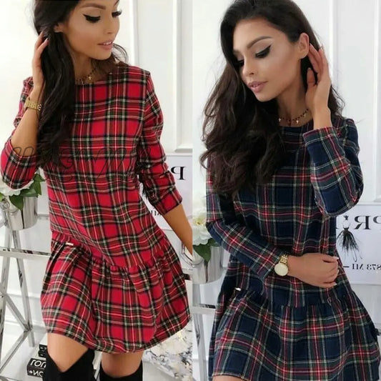 New Winter Christmas Red Plaid Dress Long Sleeve Scottish Plaid Slim Dresses Cotton Plaid Mini Autumn Dress Party Vestidos