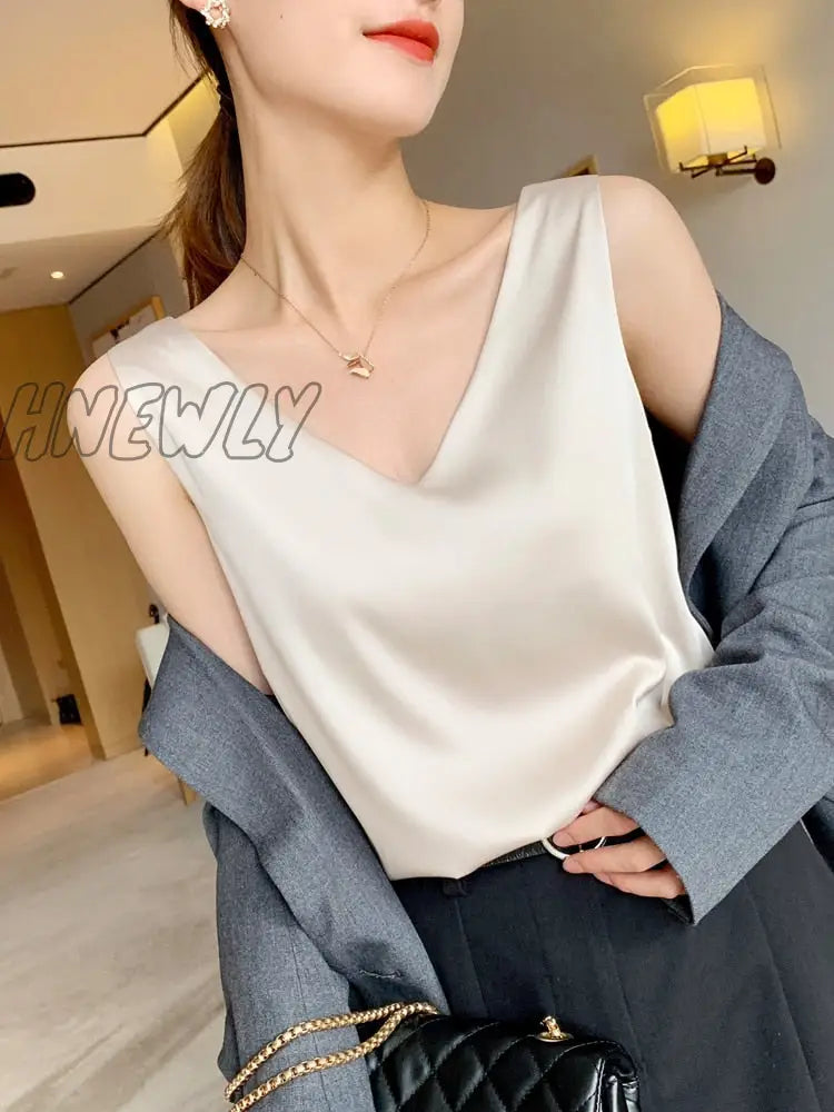 New Women's Blouses Summer Chiffon V Neck Plus Size Satin Office Black Women Tunic Elegant Shirts Silk Sling Vest Woman Top