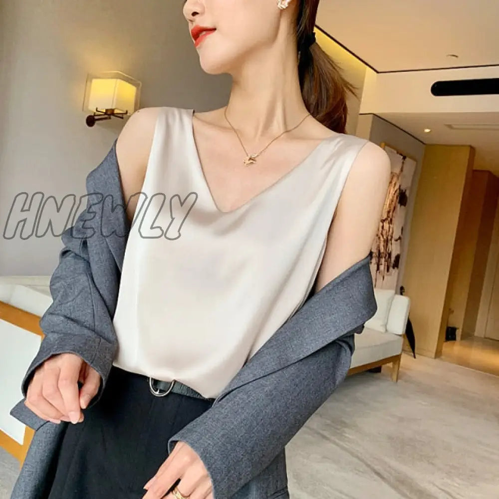 New Women's Blouses Summer Chiffon V Neck Plus Size Satin Office Black Women Tunic Elegant Shirts Silk Sling Vest Woman Top