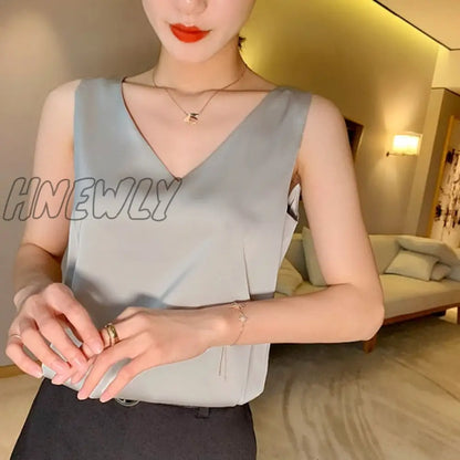 New Women's Blouses Summer Chiffon V Neck Plus Size Satin Office Black Women Tunic Elegant Shirts Silk Sling Vest Woman Top