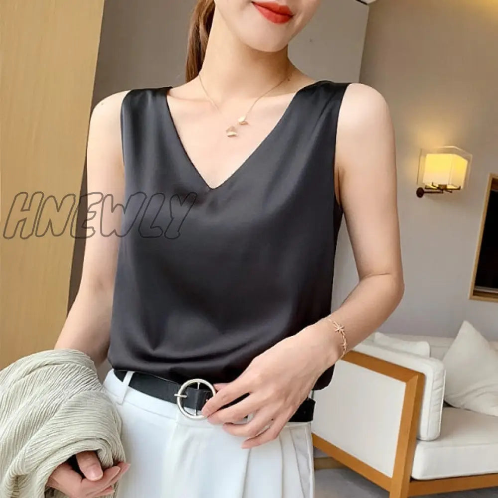 New Women's Blouses Summer Chiffon V Neck Plus Size Satin Office Black Women Tunic Elegant Shirts Silk Sling Vest Woman Top