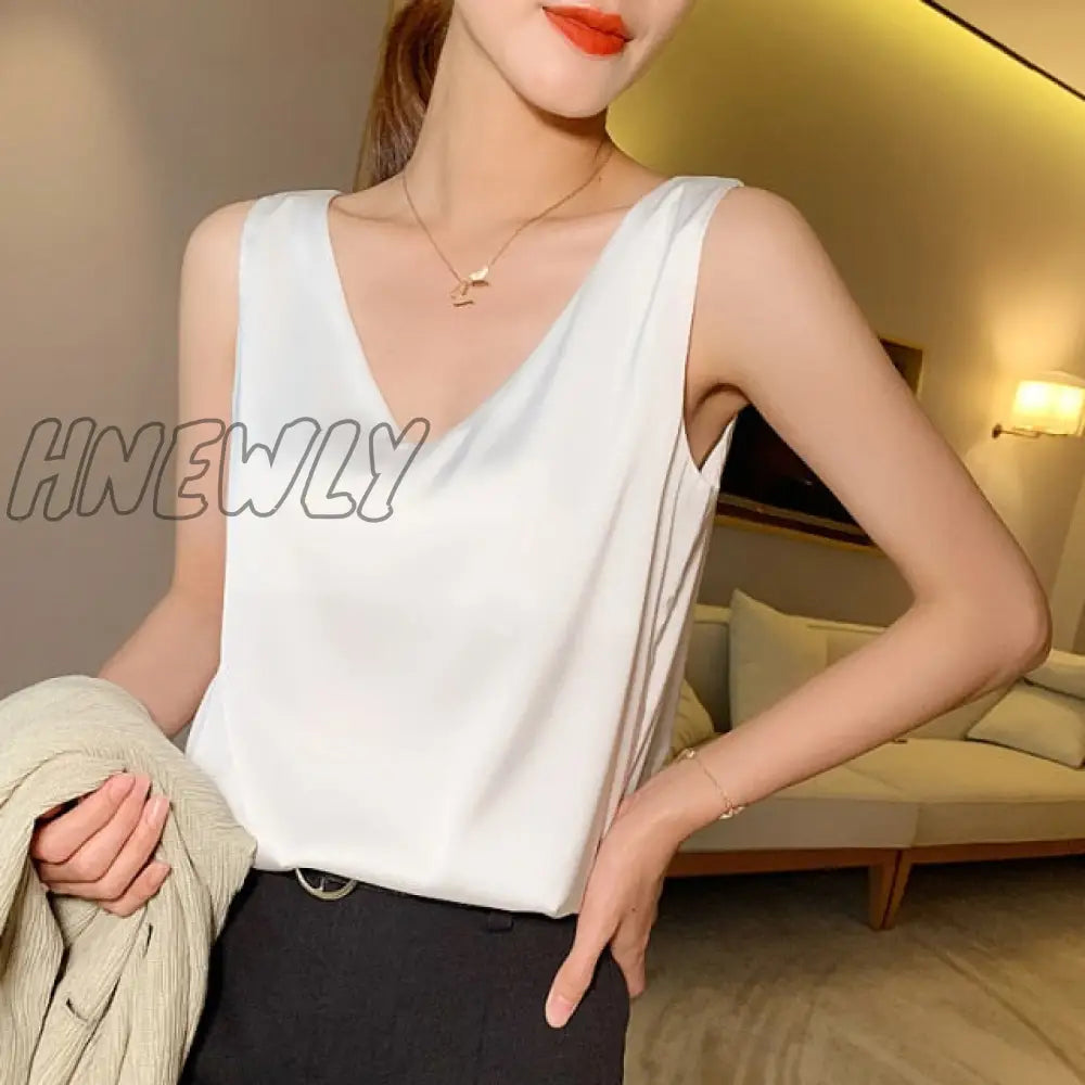 New Women's Blouses Summer Chiffon V Neck Plus Size Satin Office Black Women Tunic Elegant Shirts Silk Sling Vest Woman Top