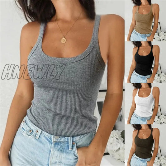 O Neck Summer Knit Vest Top Sleeveless Women Sexy Basic  Camisole T Shirt White Off Shoulder Ribbed Black Tank Top Casual