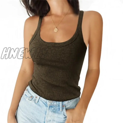 O Neck Summer Knit Vest Top Sleeveless Women Sexy Basic  Camisole T Shirt White Off Shoulder Ribbed Black Tank Top Casual