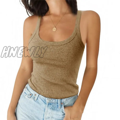 O Neck Summer Knit Vest Top Sleeveless Women Sexy Basic  Camisole T Shirt White Off Shoulder Ribbed Black Tank Top Casual