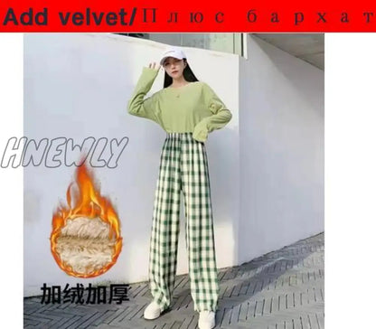 Plus Size New Korean Plaid Pants Spring Autumn Winter Wide Leg Pant Women Lattice Print High Waist Add velvet Warm Pants Women