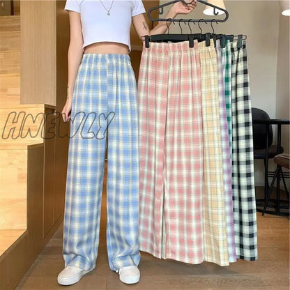 Plus Size New Korean Plaid Pants Spring Autumn Winter Wide Leg Pant Women Lattice Print High Waist Add velvet Warm Pants Women