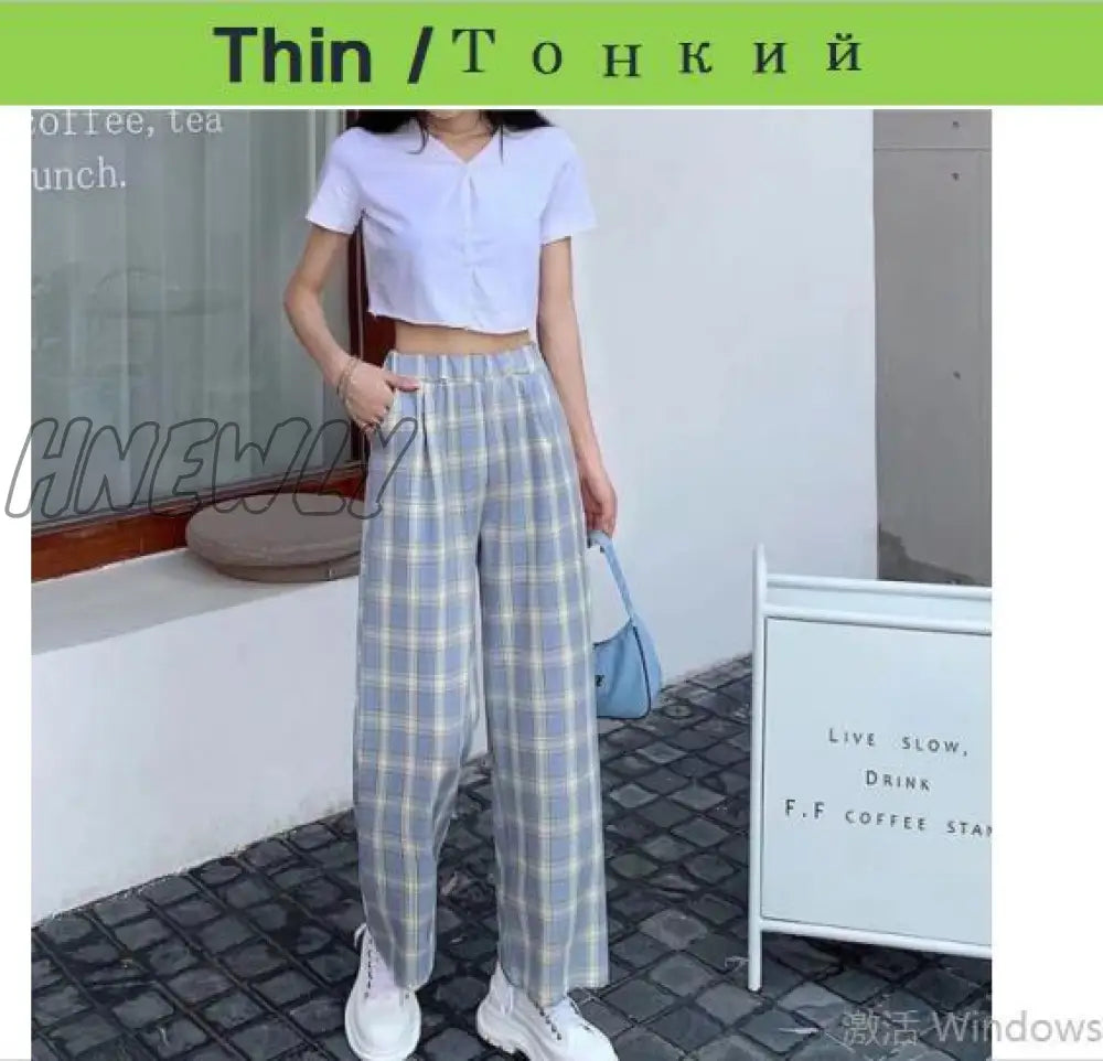 Plus Size New Korean Plaid Pants Spring Autumn Winter Wide Leg Pant Women Lattice Print High Waist Add velvet Warm Pants Women