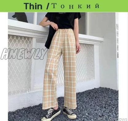 Plus Size New Korean Plaid Pants Spring Autumn Winter Wide Leg Pant Women Lattice Print High Waist Add velvet Warm Pants Women