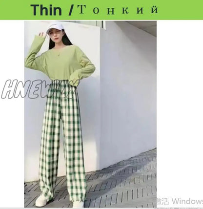 Plus Size New Korean Plaid Pants Spring Autumn Winter Wide Leg Pant Women Lattice Print High Waist Add velvet Warm Pants Women