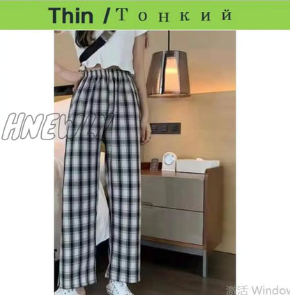 Plus Size New Korean Plaid Pants Spring Autumn Winter Wide Leg Pant Women Lattice Print High Waist Add velvet Warm Pants Women