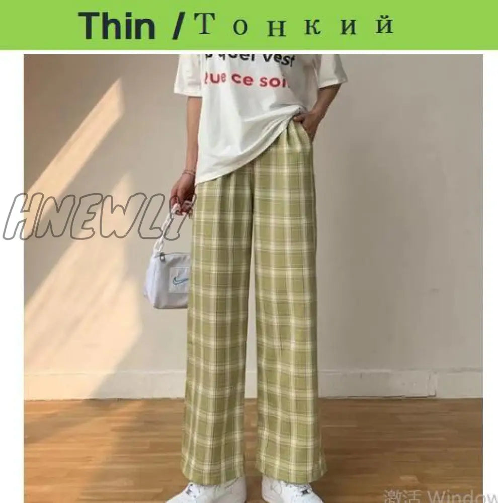 Plus Size New Korean Plaid Pants Spring Autumn Winter Wide Leg Pant Women Lattice Print High Waist Add velvet Warm Pants Women