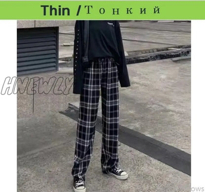 Plus Size New Korean Plaid Pants Spring Autumn Winter Wide Leg Pant Women Lattice Print High Waist Add velvet Warm Pants Women