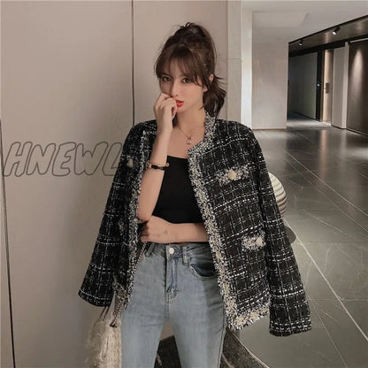 Retro short small Fragrance Jacket Women Autumn New Korean fashion French jacket Women loose tweed temperament top Female