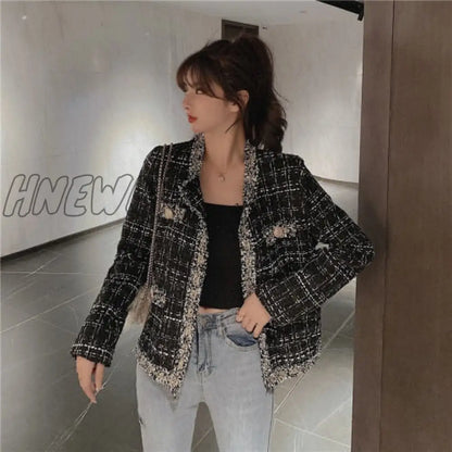 Retro short small Fragrance Jacket Women Autumn New Korean fashion French jacket Women loose tweed temperament top Female