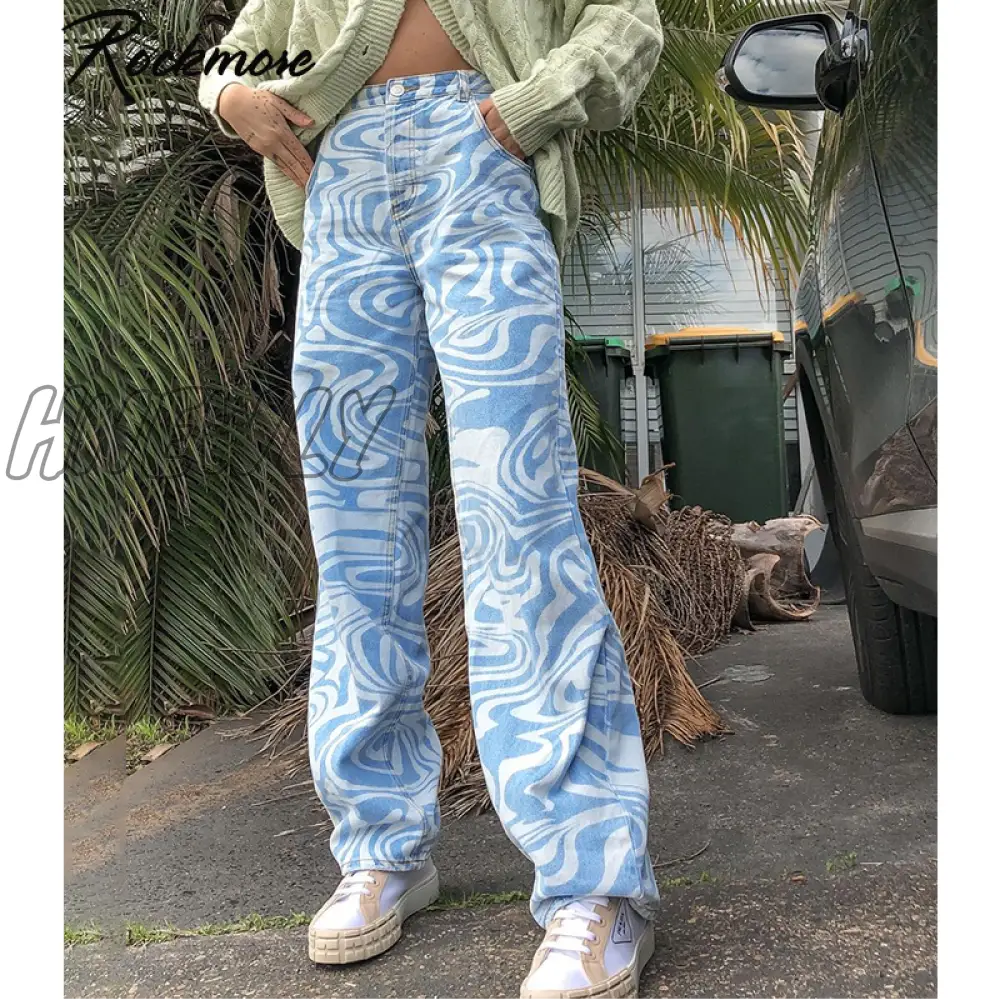 Rockmore Zebra Pattern High Waist Women'S Jeans 90s Streetwear Trousers Baggy Leg Pants Mom Boyfriend Pants Denim Capris