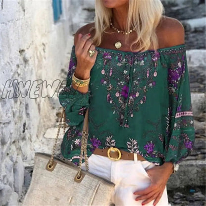 Sexy Women Spring Autumn Ruffles Chiffon Tops Tees Floral Plus Size Belt Off Shoulder Casual Femme Blouse Shirt Befree Boho