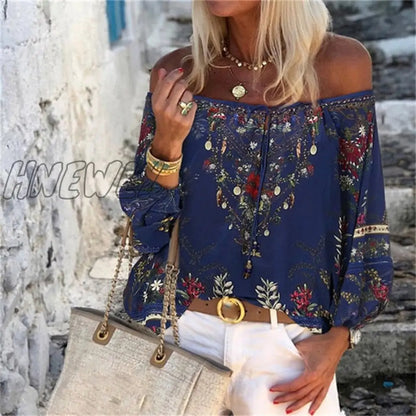 Sexy Women Spring Autumn Ruffles Chiffon Tops Tees Floral Plus Size Belt Off Shoulder Casual Femme Blouse Shirt Befree Boho