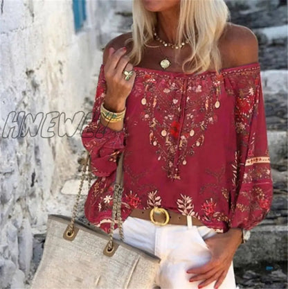 Sexy Women Spring Autumn Ruffles Chiffon Tops Tees Floral Plus Size Belt Off Shoulder Casual Femme Blouse Shirt Befree Boho