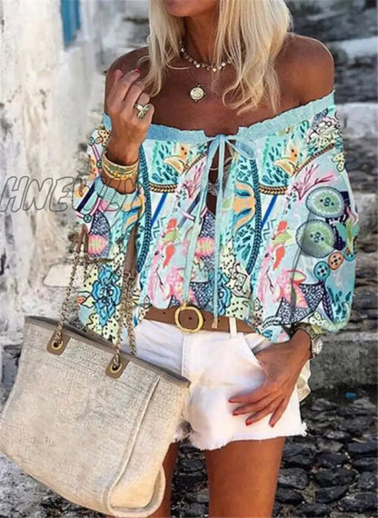 Sexy Women Spring Autumn Ruffles Chiffon Tops Tees Floral Plus Size Belt Off Shoulder Casual Femme Blouse Shirt Befree Boho