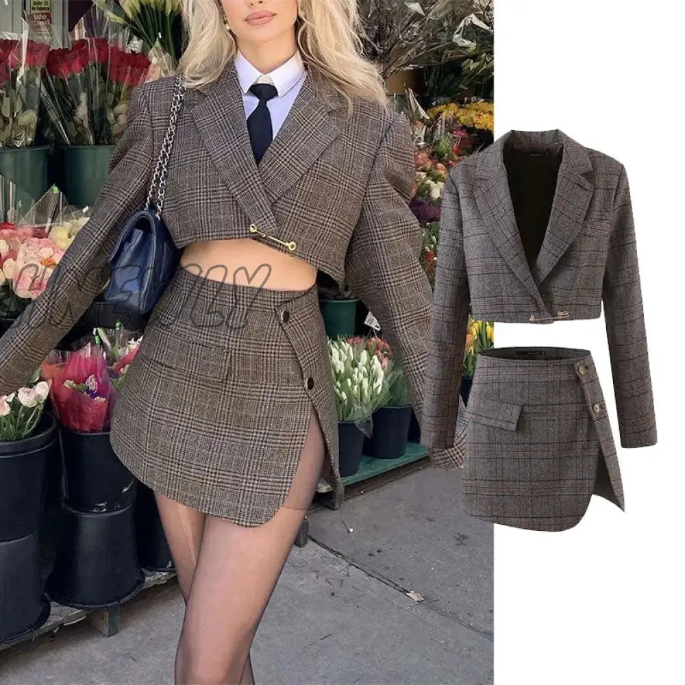 Short blazers women's autumn Fashion Suits with skirt Tweed sexy office split Mini skirt 2-piece  casual sets