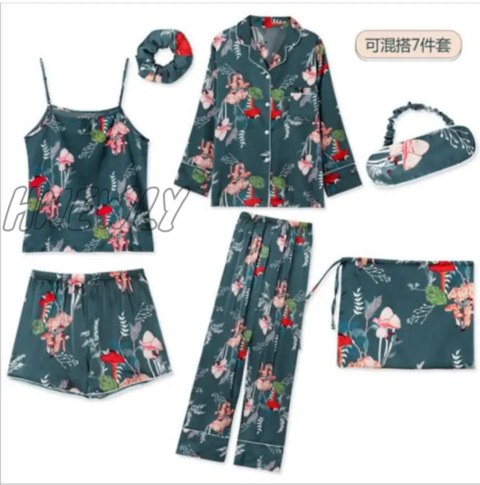 Sleepwear 7 Pieces Pyjama Set Women Autumn Winter Sexy Pajamas Sets Sleep Suits Soft Sweet Cute Nightwear Gift Home Clothes