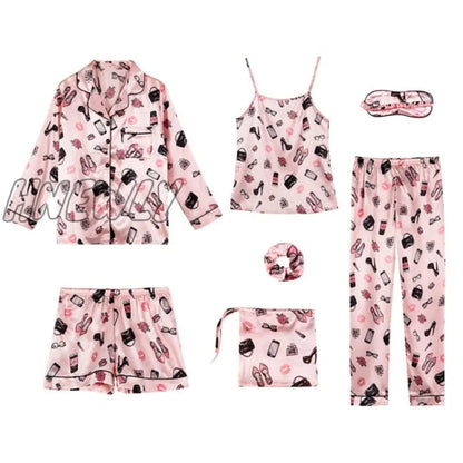 Sleepwear 7 Pieces Pyjama Set Women Autumn Winter Sexy Pajamas Sets Sleep Suits Soft Sweet Cute Nightwear Gift Home Clothes