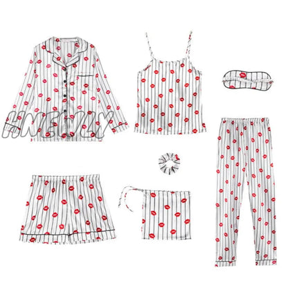 Sleepwear 7 Pieces Pyjama Set Women Autumn Winter Sexy Pajamas Sets Sleep Suits Soft Sweet Cute Nightwear Gift Home Clothes