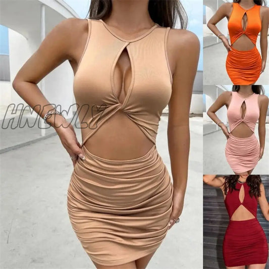 Sleeveless Sexy Mini Dress Women Bodycon Pleated Hollow Out Dress Summer Party Club Solid Short Mini Dresses Party Club Outfit