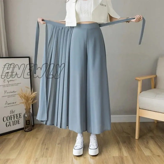 Spring Summer New Style Korean Women Pleated Chiffon Trousers Plus Size High Waist Pants Hakama Casual Wide Leg Pantalones