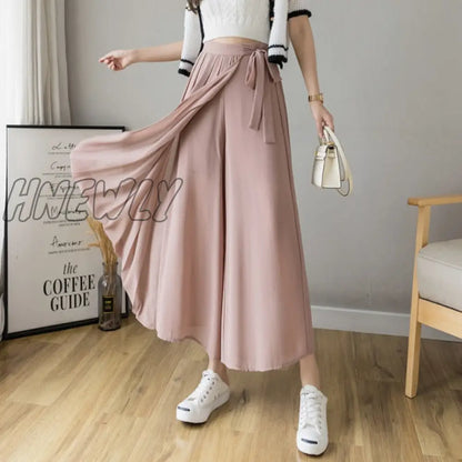 Spring Summer New Style Korean Women Pleated Chiffon Trousers Plus Size High Waist Pants Hakama Casual Wide Leg Pantalones