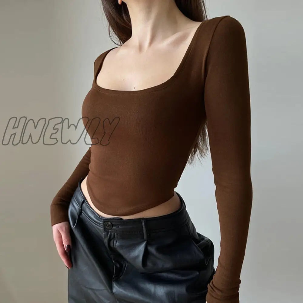 Square Collar Long Sleeve Casual Women T Shirts Green Autumn Skinny Sexy Solid Basic Crop Tops Fashion Streetwear