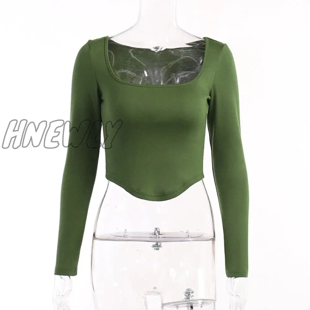 Square Collar Long Sleeve Casual Women T Shirts Green Autumn Skinny Sexy Solid Basic Crop Tops Fashion Streetwear