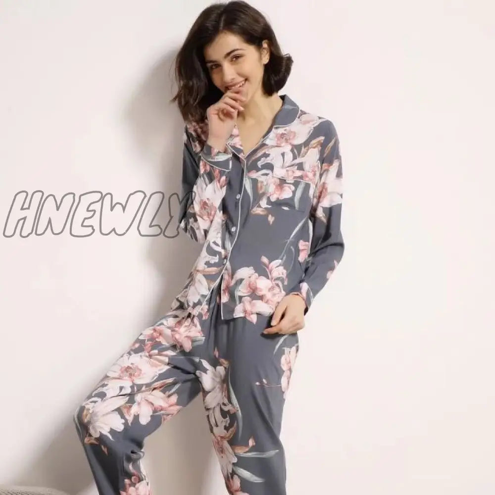 Starry Sky And Floral Printed Women Pajamas Set Comfort Cotton Satin Full Sleeve Homewear Ladies Tender Casual Wear For Spring