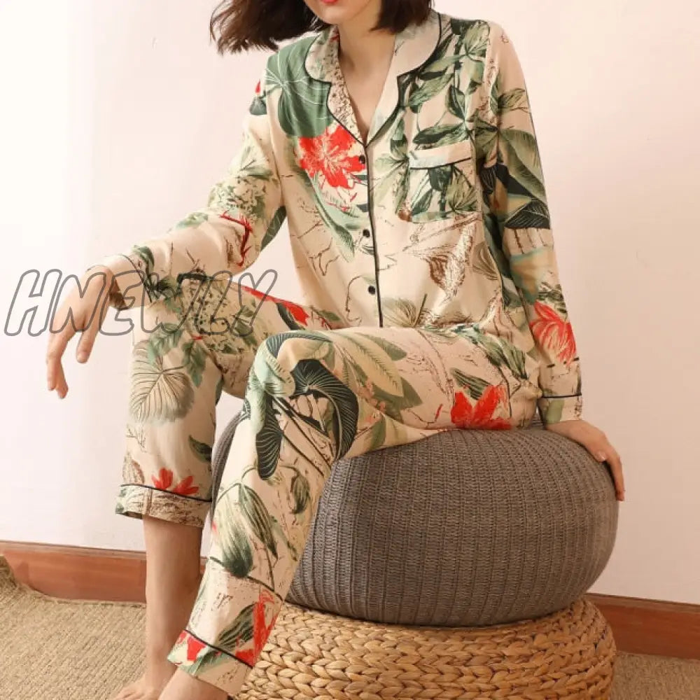 Starry Sky And Floral Printed Women Pajamas Set Comfort Cotton Satin Full Sleeve Homewear Ladies Tender Casual Wear For Spring